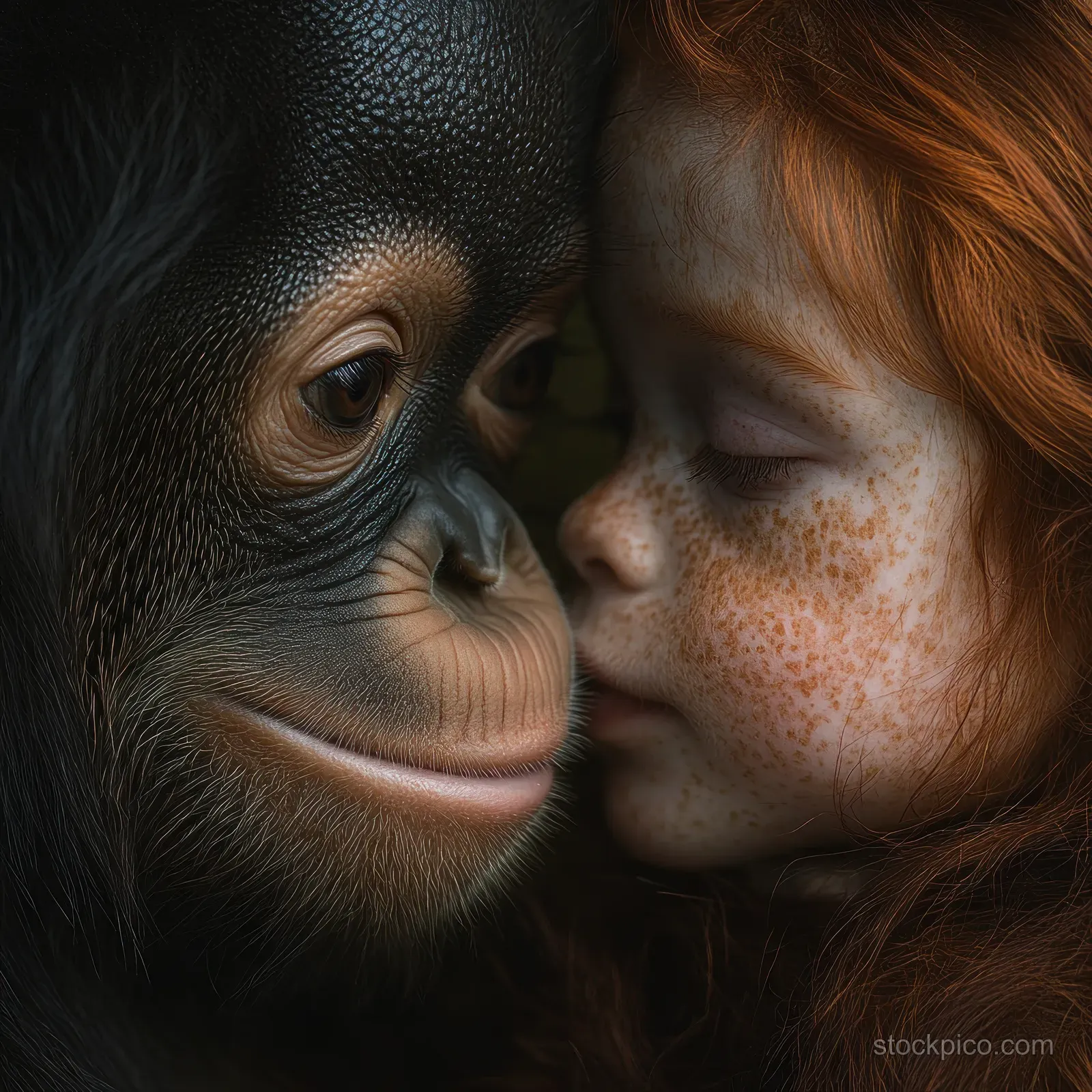 A young red-haired girl with freckles gently touches noses with a baby orangutan in warm close-up lighting.