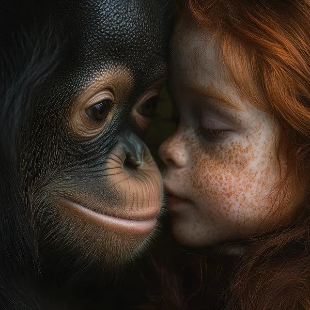 A young red-haired girl with freckles gently touches noses with a baby orangutan in warm close-up lighting.