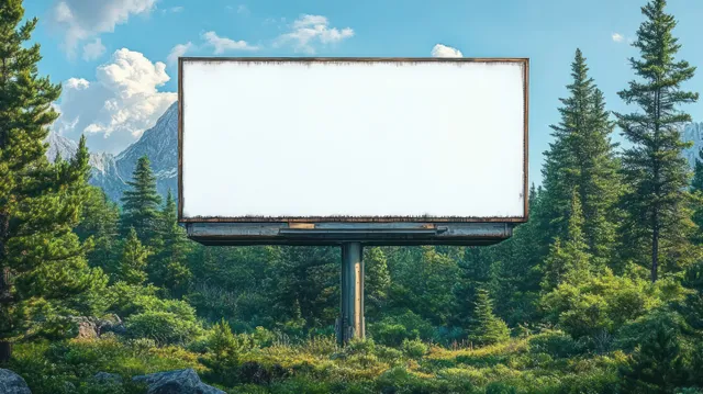A large blank billboard mounted on a pole in a pine forest with distant mountains under a blue sky.