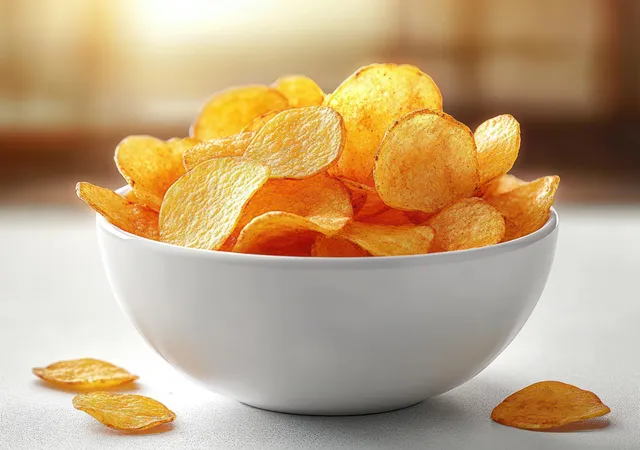 White bowl filled with golden crispy potato chips and a few chips scattered on the table under warm soft light.