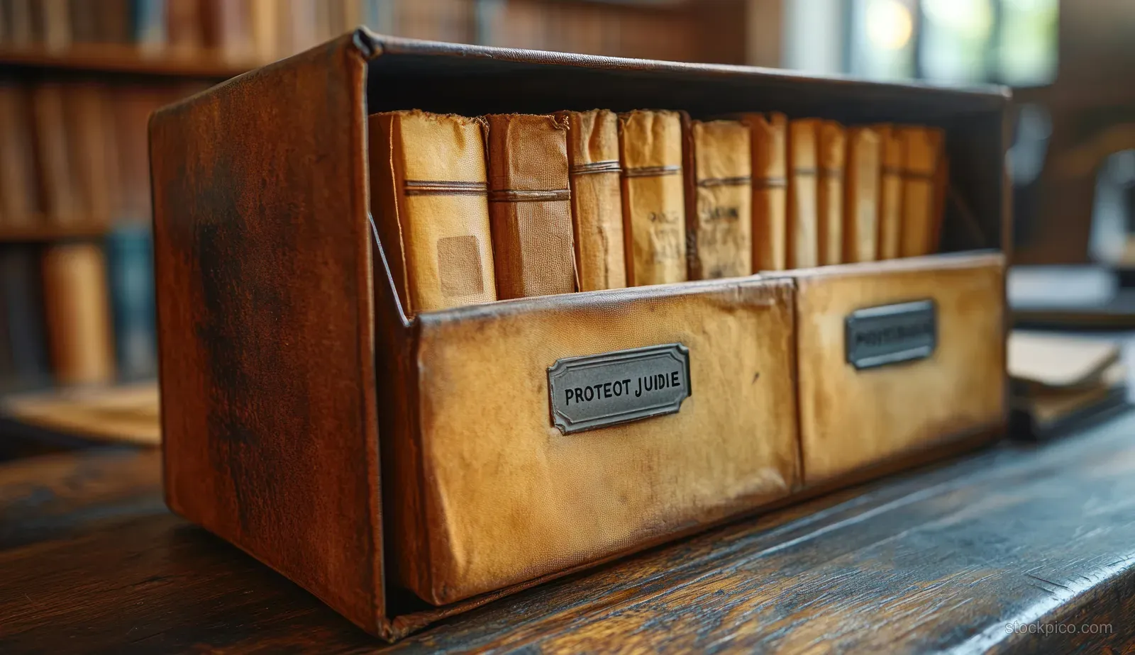 A leather folder with labeled document tabs rests on a wooden desk in soft window light.