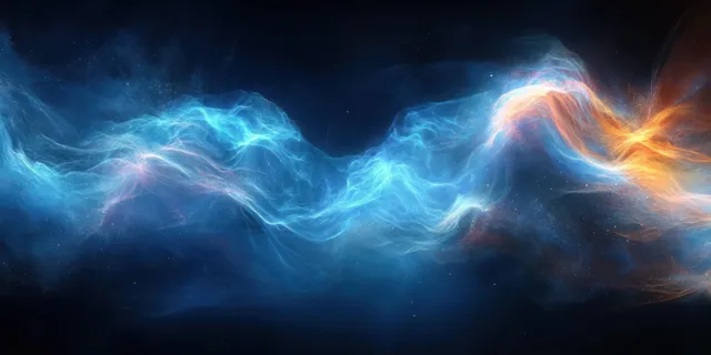 Lightning-like blue and green light waves stream across black space, glowing with energy