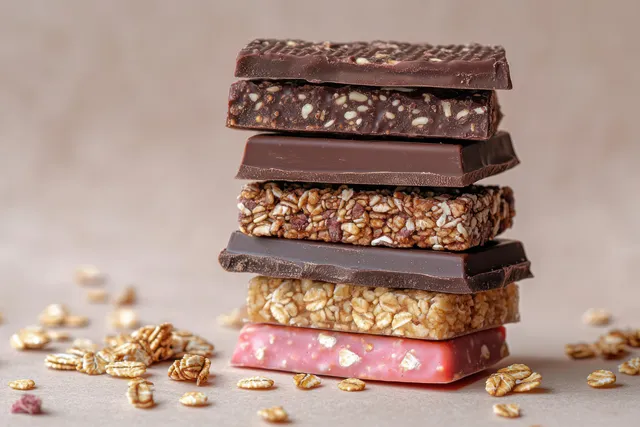 Stacked protein and oatmeal energy bars on a light brown chocolate background with scattered oats around.