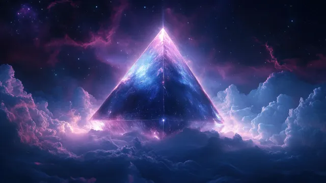 A glowing cosmic pyramid hovers above purple and blue clouds in a starry nebula sky.