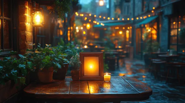 A warmly lit cafe table holds a tent menu card frame with candle and lantern light against a blurred night background.