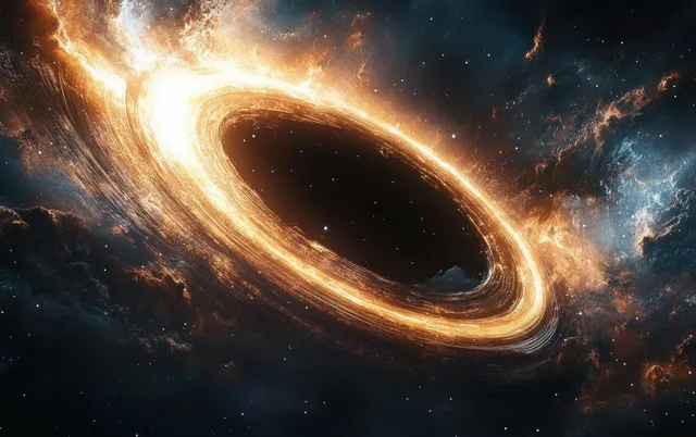 A dark black hole with luminous orange accretion rings warps space around it in deep outer space.