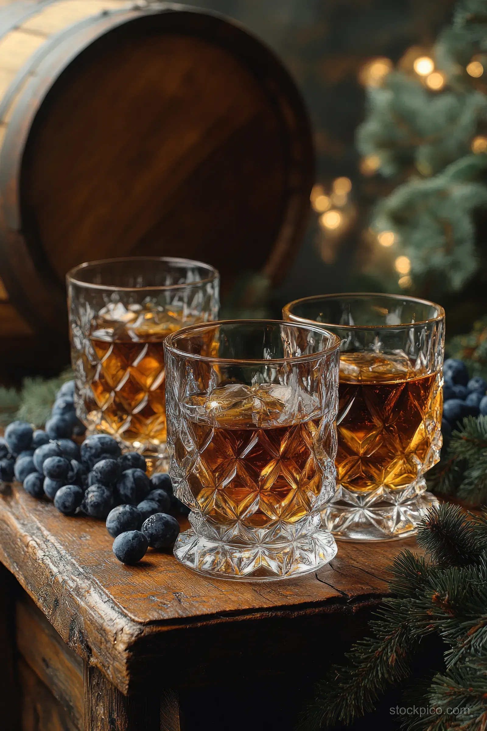 Amber whiskey in crystal tasting glasses sits on a rustic table with dark berries and a wooden barrel behind.