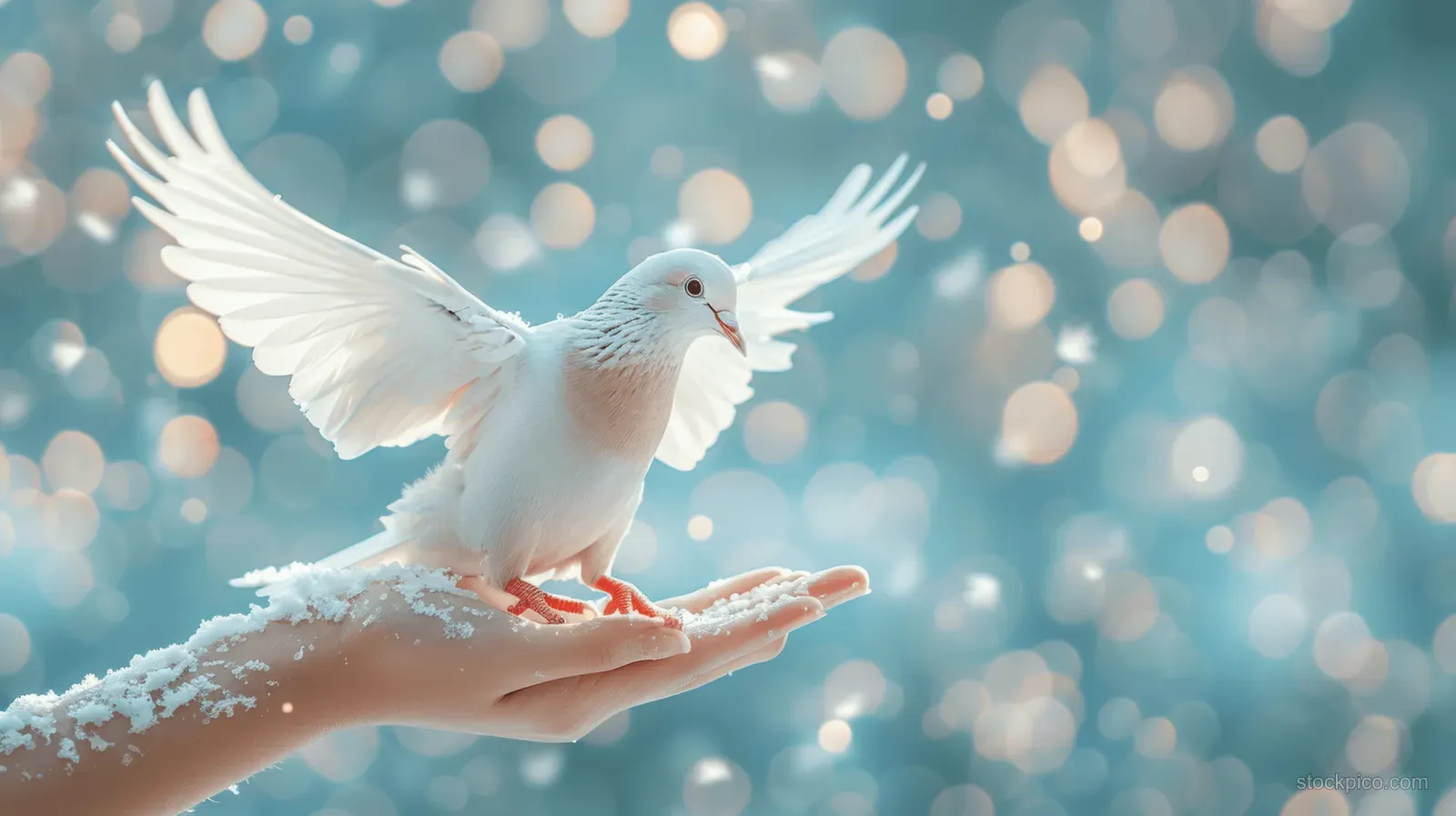 A white dove rests on a woman’s open hand with soft blue bokeh lights in the background.