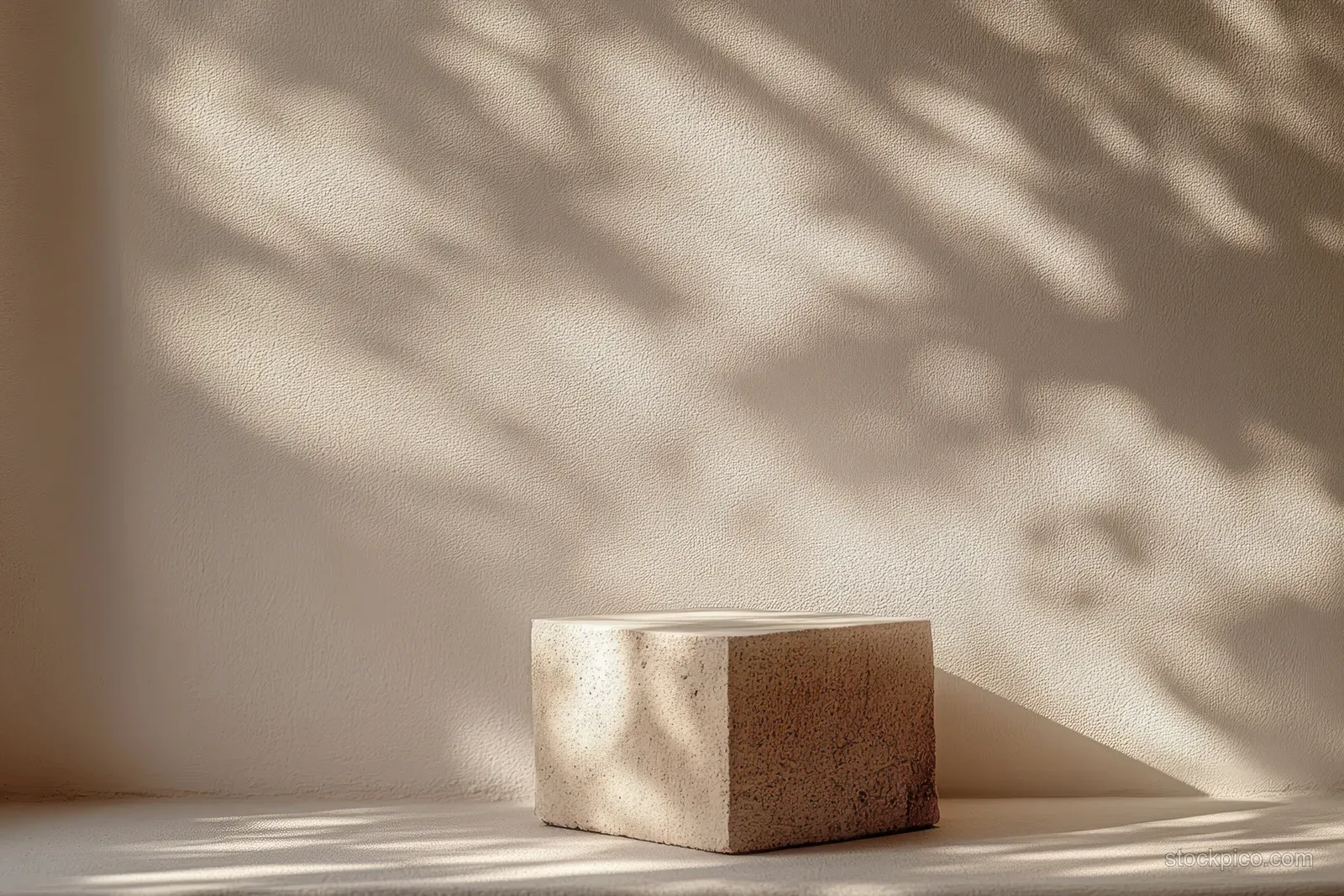 Beige stone podium block on a textured floor with soft dappled leaf shadows.