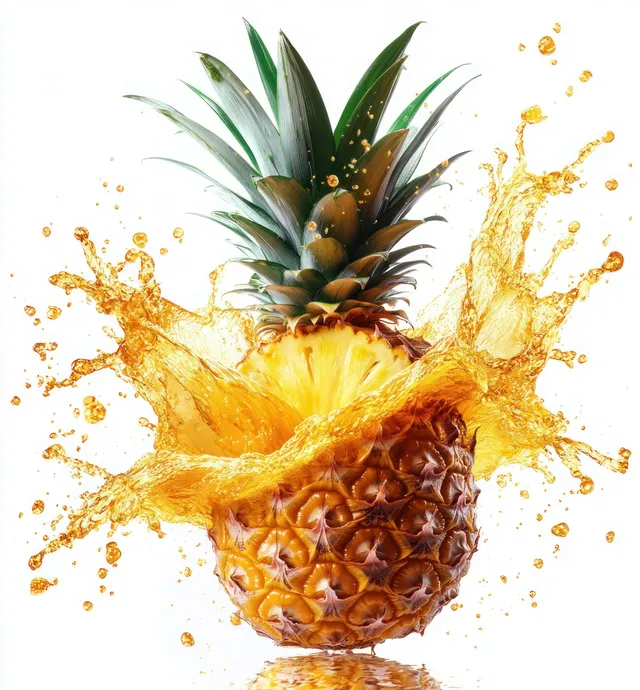 Fresh pineapple with green leaves splashes vibrant golden juice against a white background.