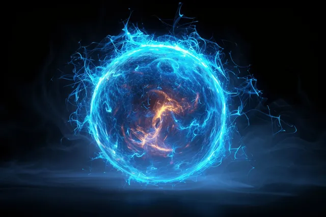 Blue energy sphere with electric flames swirling around glowing quantum core in dark cosmos