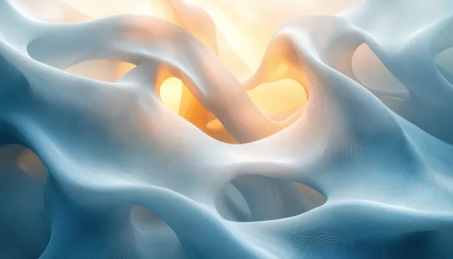 Abstract blue flowing ribbons with soft glow lights forming intertwined 3D curves