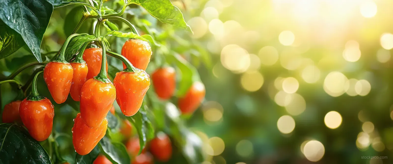 Orange chili peppers grow on a vine, surrounded by green leaves and warm green bokeh light.