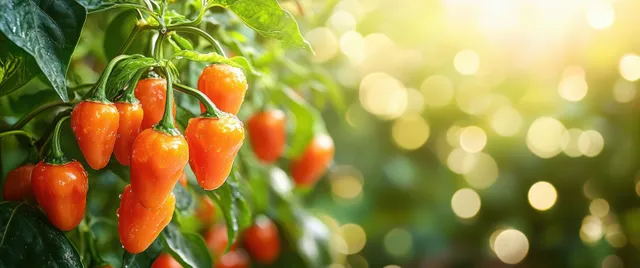 Orange chili peppers grow on a vine, surrounded by green leaves and warm green bokeh light.