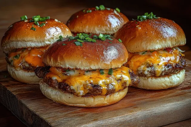 Four cheeseburgers with melted cheddar and chopped green onions resting on a wooden board.