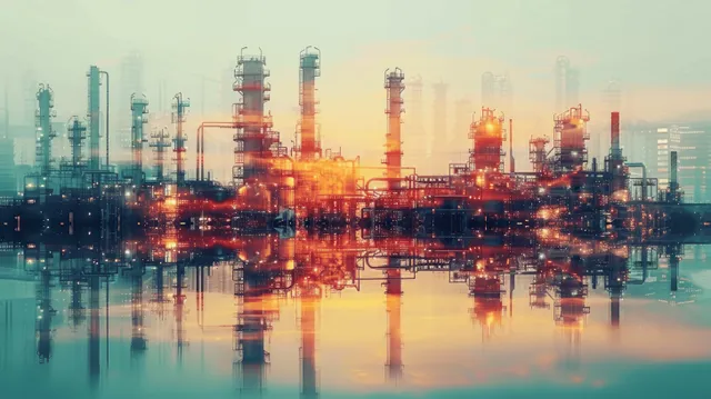 Oil refinery factory at dusk with glowing pipelines, data overlays, and reflected skyline