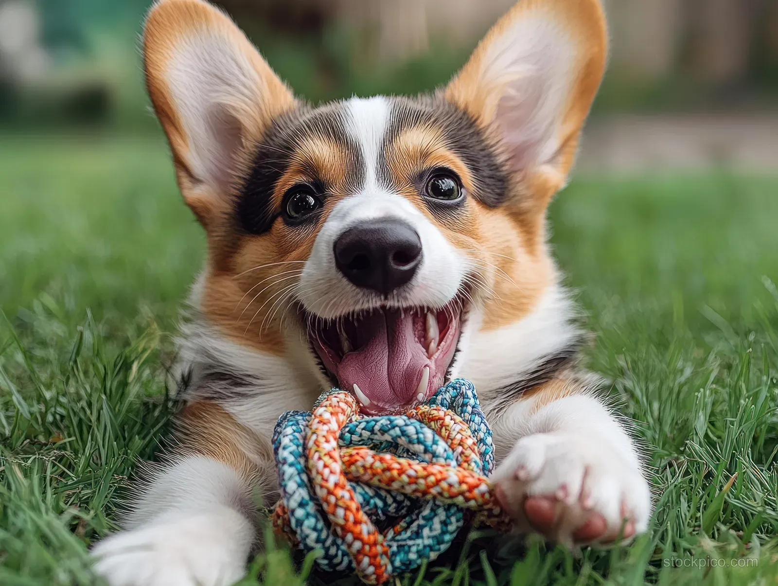 Tricolor corgi puppy lies on grass holding a multicolored rope toy in its mouth with tongue out.