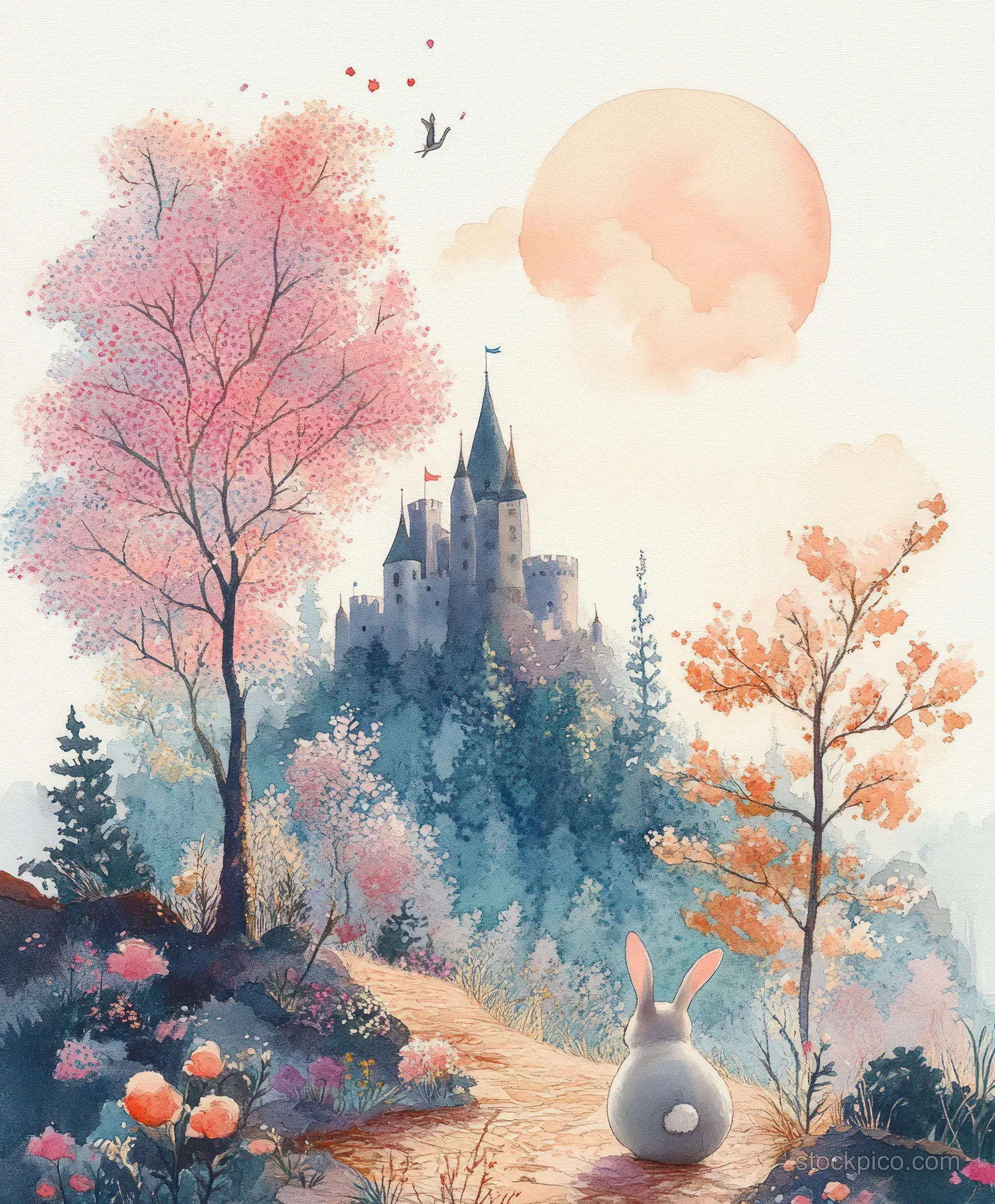 Watercolor illustration of a distant castle and trees with a playful grey rabbit standing beside flowers along a forest path.