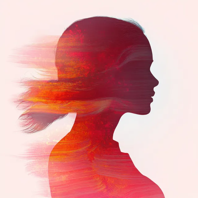 A woman profile silhouette surrounded by flowing red and orange streaks on a light background.
