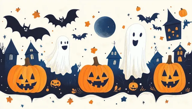 Whimsical Halloween illustration with jack-o-lanterns, bats, ghosts, and a black cat against a night sky background.