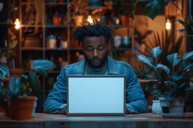 An Indian man works at a desk with a laptop showing a blank screen while surrounded by potted plants.