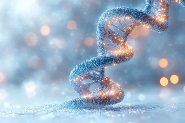 A glowing DNA helix built from binary code particles floats above a frosty surface with soft lights.