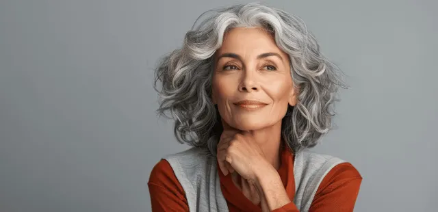 Smiling senior Black woman with grey curly hair, touching her chin against a gray backdrop