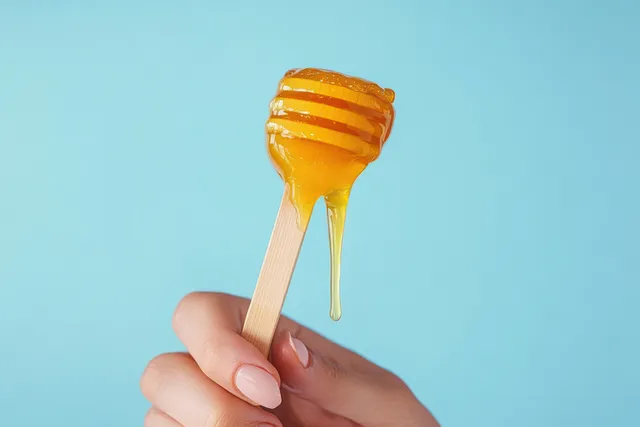 Hand holds a wooden spatula covered with dripping honey against a blue background.