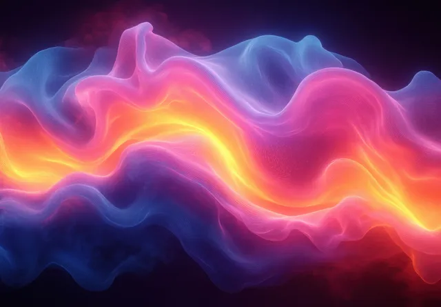 Neon fluid waves glow across a dark digital backdrop with fiery center ribbon