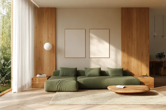 Minimalist living room interior with a green sofa, warm wooden wall panels, and daylight through sheer curtains.