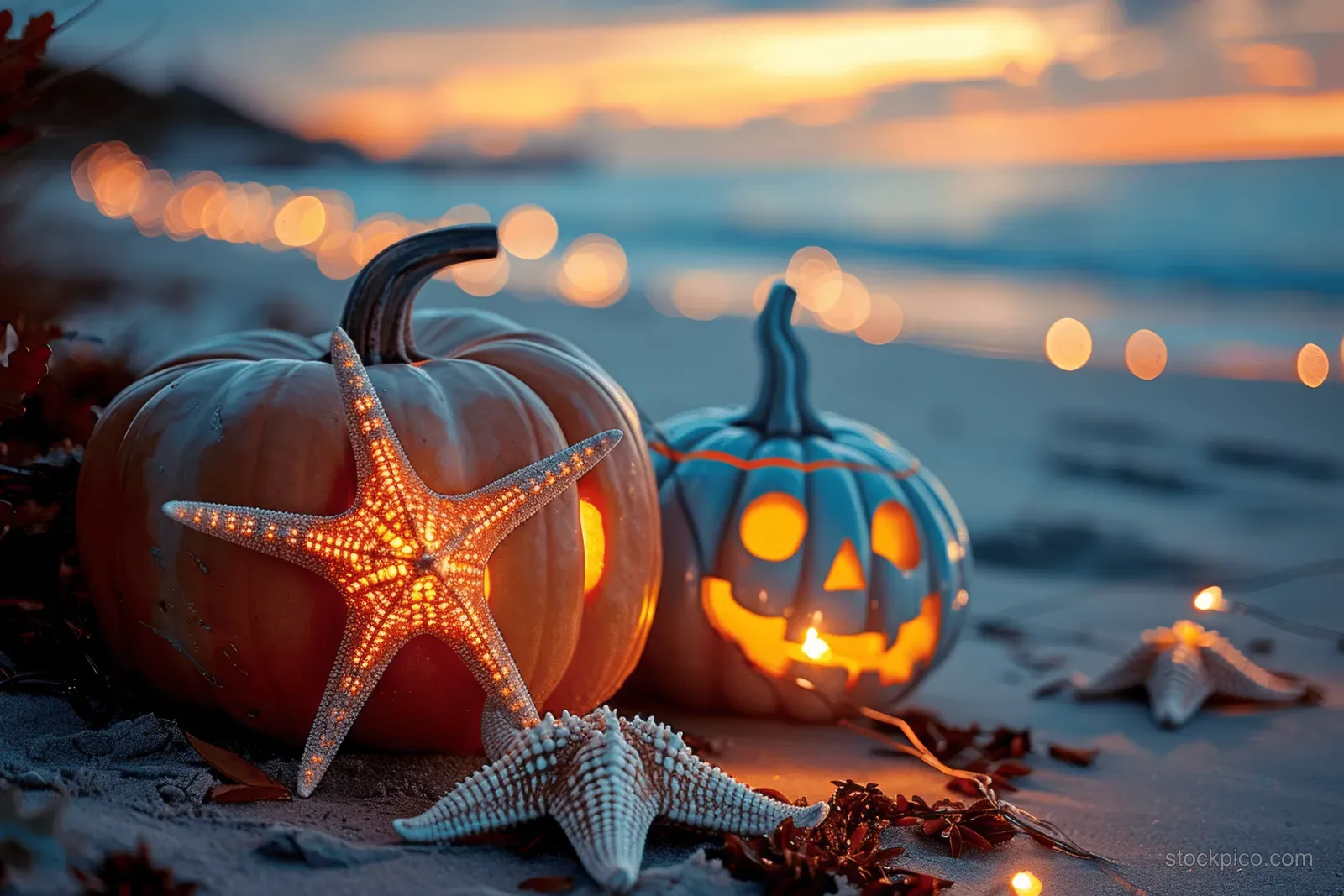 Carved Halloween pumpkins and a starfish sit on a sandy beach with glowing lights at sunset.