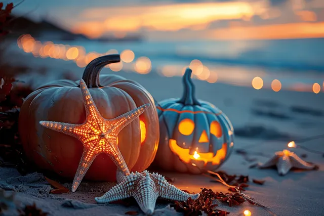 Carved Halloween pumpkins and a starfish sit on a sandy beach with glowing lights at sunset.