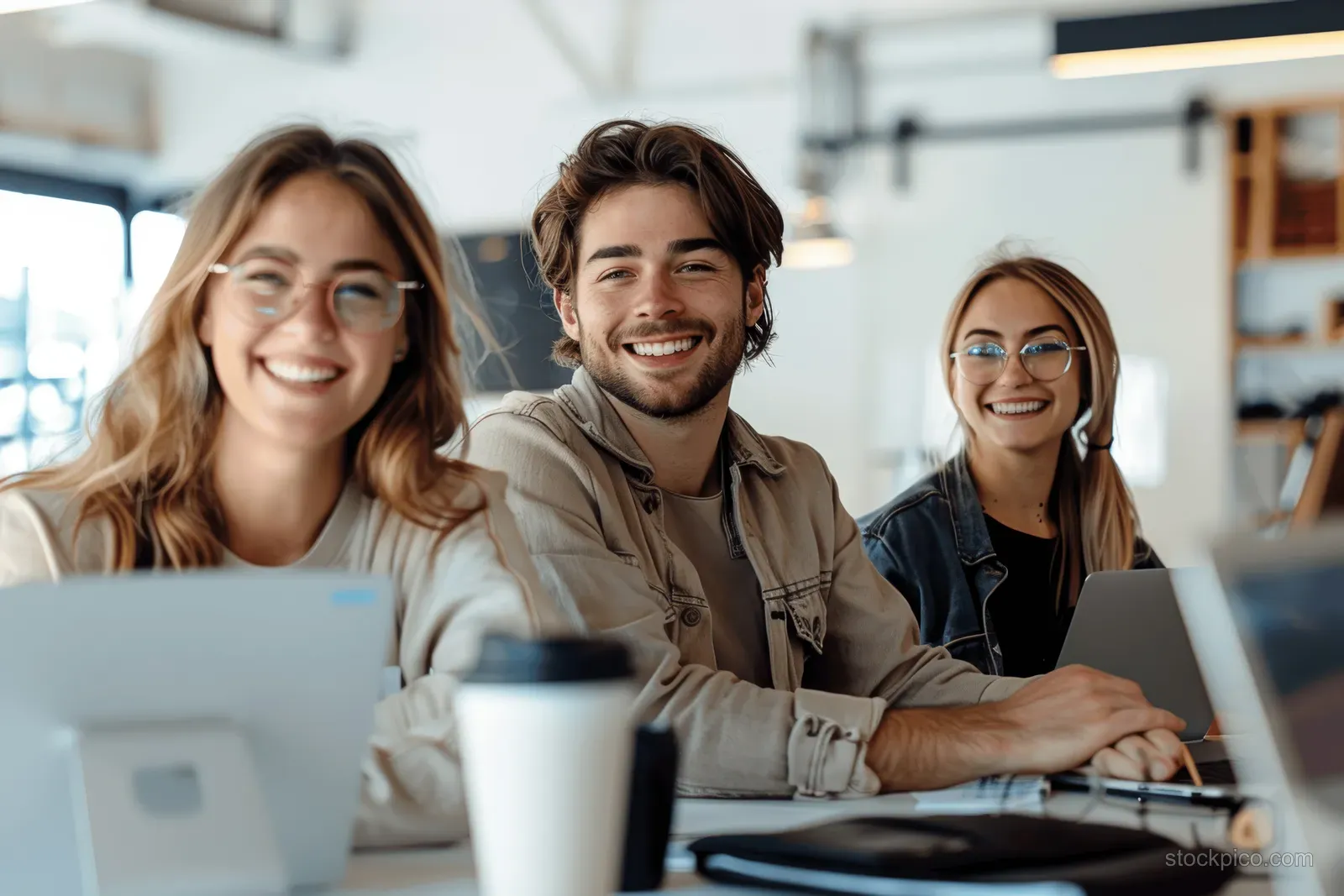 Smiling office coworkers discuss plans at desks with laptops and a coffee cup in a bright workspace.