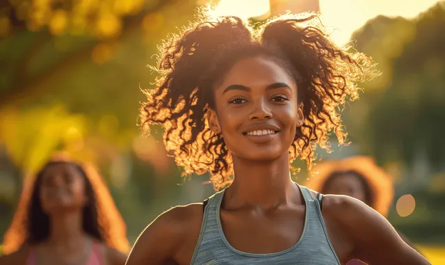 Smiling woman leads an outdoor yoga stretch with other women in soft golden-hour bokeh behind her.