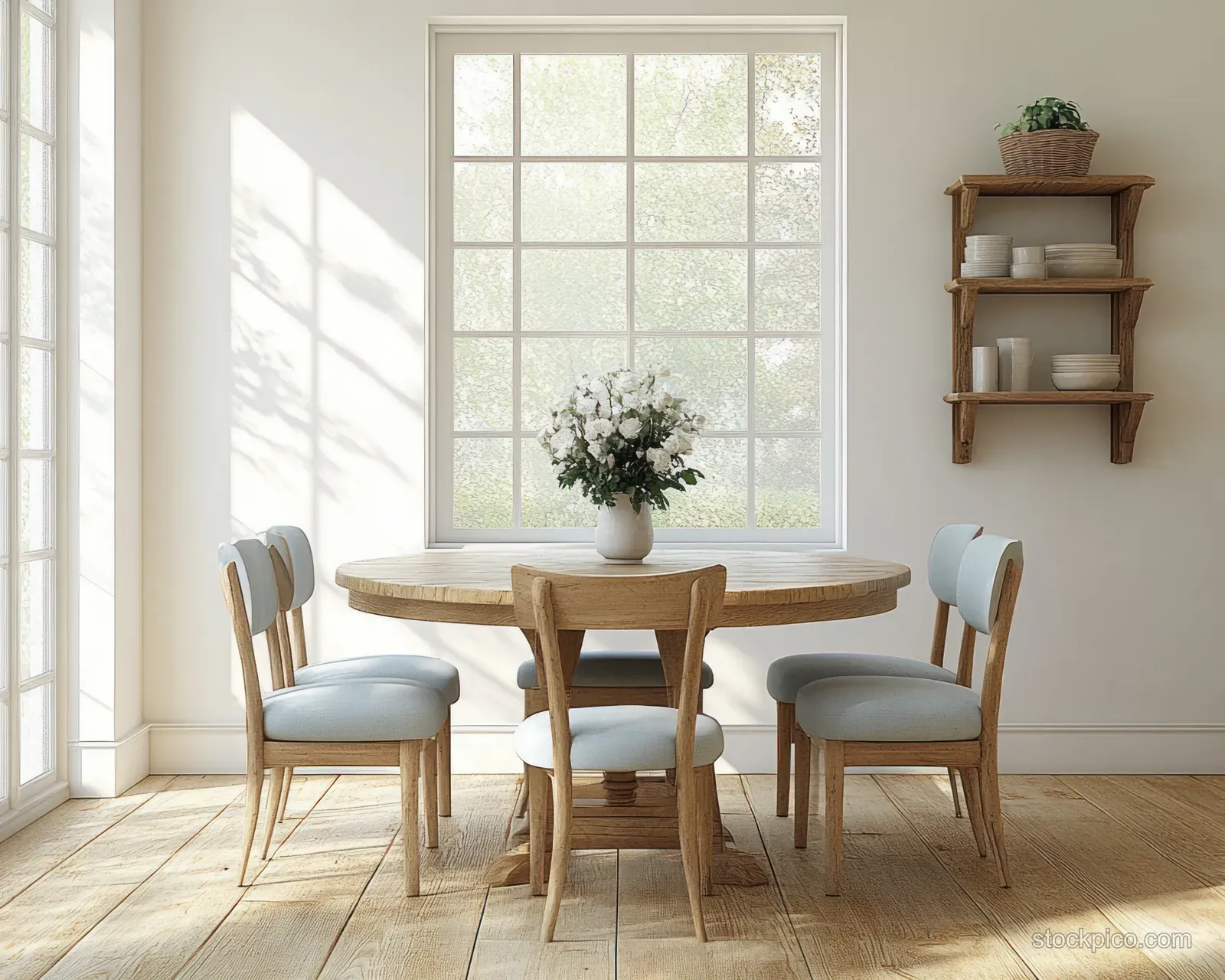 Sunlit Scandinavian dining room with a round wooden table, light blue chairs, and white walls by large windows.