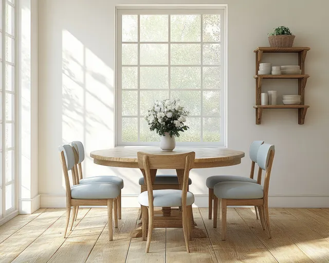 Sunlit Scandinavian dining room with a round wooden table, light blue chairs, and white walls by large windows.