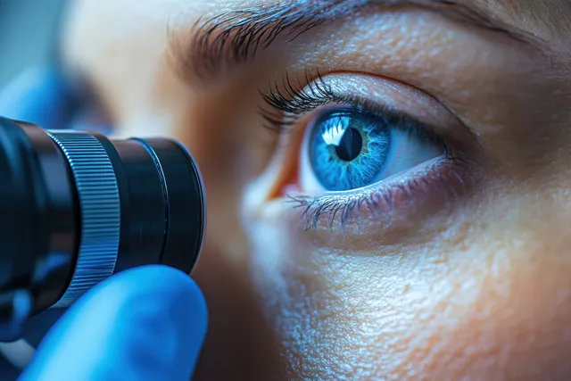 Dermatologist examines a patient’s eye mole using a dermatoscope in a clinic