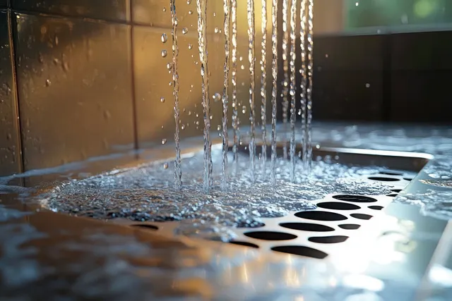 Close-up of water streams splashing into an indoor metal basin under warm light reflections