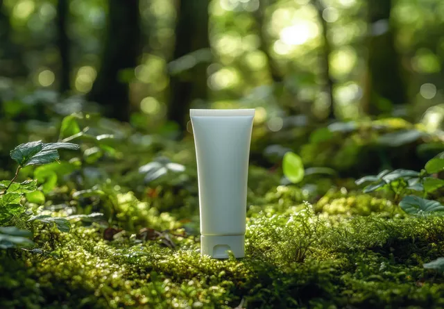 White cosmetic tube stands upright on green moss with leafy forest floor and sunlit blurred trees behind.