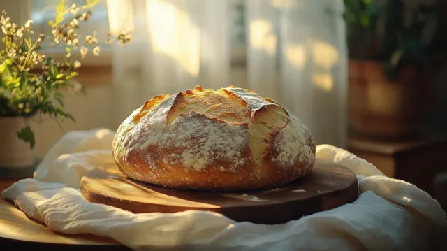 Round crusty loaf of bread on a wooden board with flour and morning sunlight