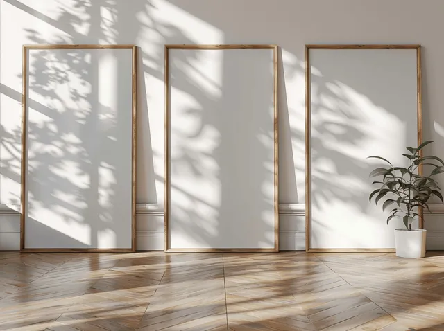 Three empty wooden picture frames on a sunlit parquet floor with sharp window shadows in a bright room.
