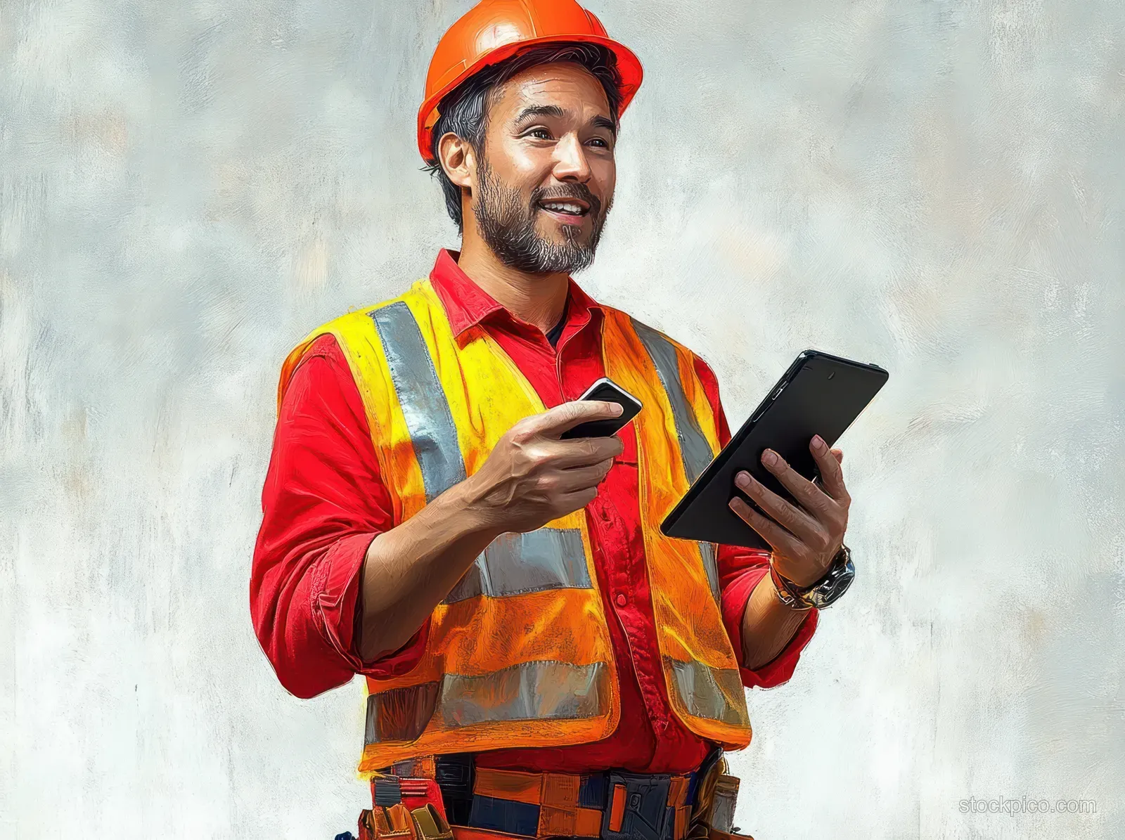 Construction worker in orange hard hat and safety vest holding a smartphone and tablet against a neutral wall.