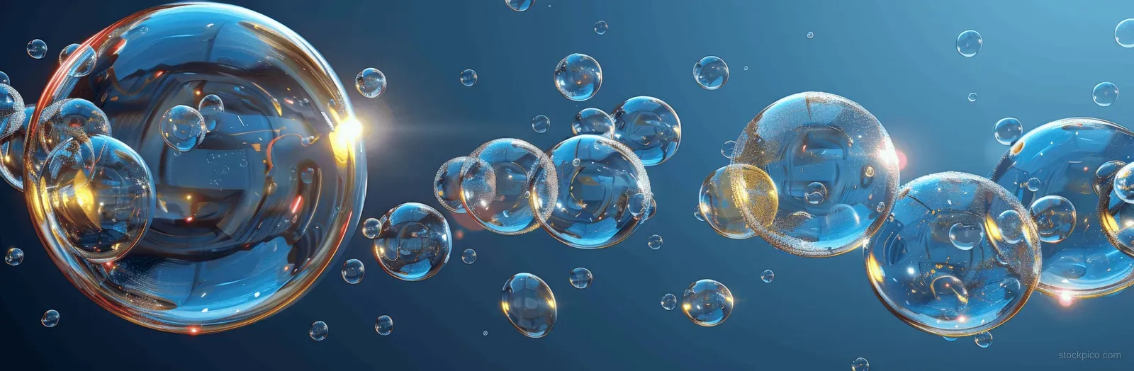 Transparent soap bubbles float in blue water with glossy highlights and small droplets visible.