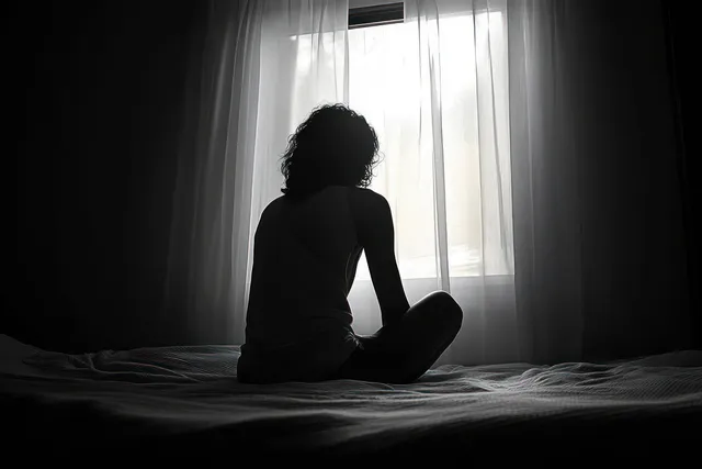 Silhouette of a person sitting on a bed, gazing through sheer curtains in dim light