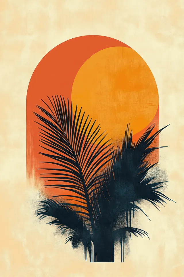 Black palm leaf silhouettes are framed by an orange sun on a textured cream background.