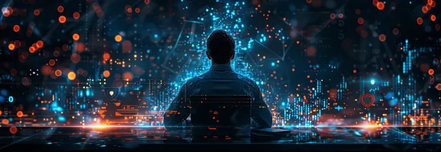 A businessman sits at a laptop with a glowing shield lock icon and cyber network lights behind him.