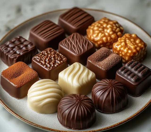 Molded chocolates in dark and cream colors arranged on a white plate under soft diffused light.