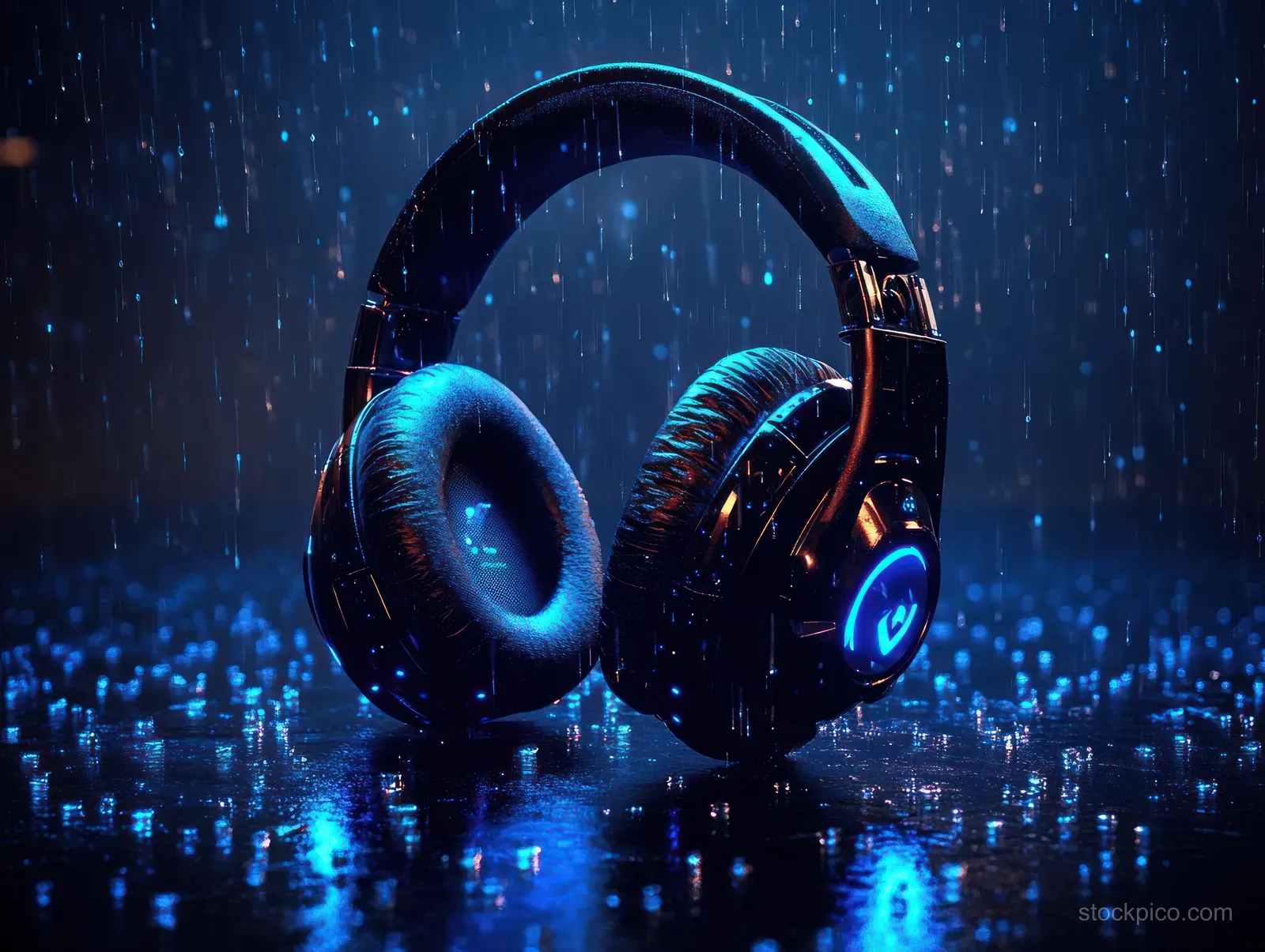 Black over-ear headphones glow with blue neon on a wet reflective floor while rain falls around them.