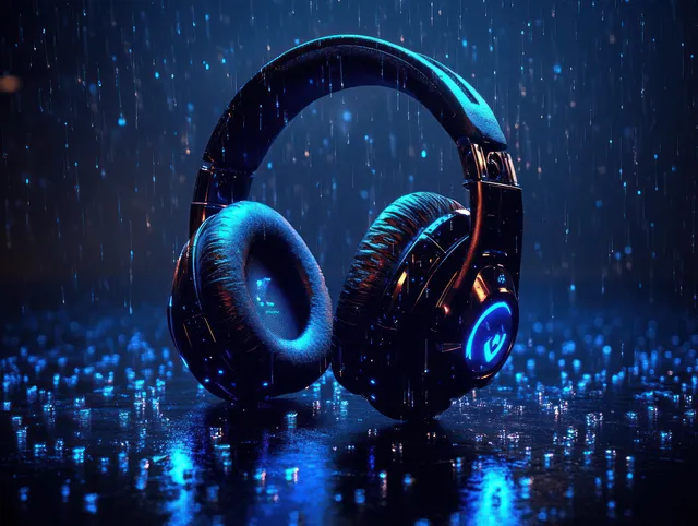 Black over-ear headphones glow with blue neon on a wet reflective floor while rain falls around them.