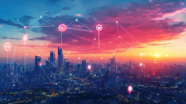 Futuristic city skyline at sunset with glowing network lines, GPS markers, and route overlay